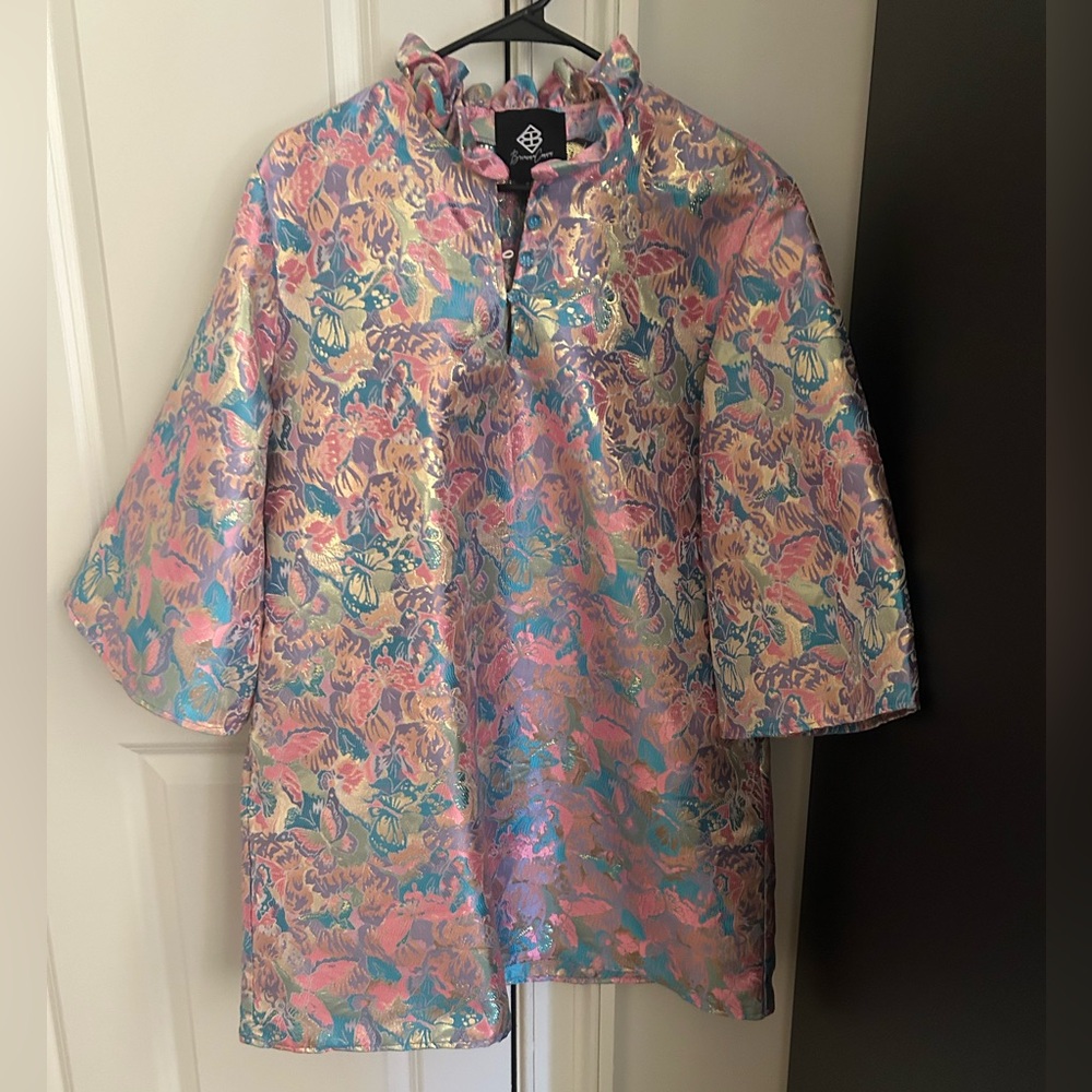 Brianna Cannon Caftan Dress in Pink & Blue Brocade- Butterfly Dreams sz S/M